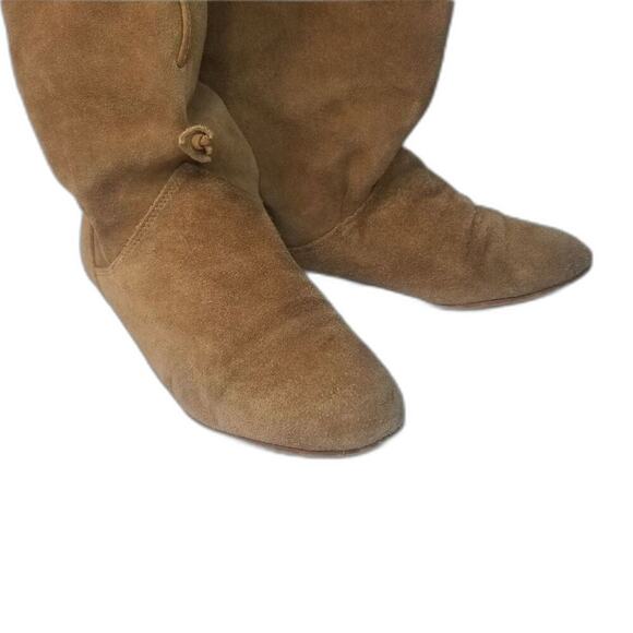 1980s Vintage Brown Suede Folded Slide On Slouch Wide Leg Almond Toe Boots 7M - Picture 4 of 9